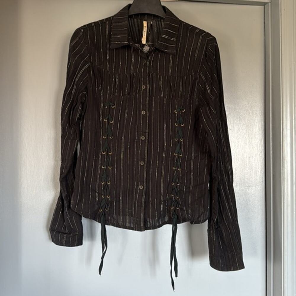 Murmur Black Silver Metallic Button Top Lace Up Floral Embroidery Whimsygoth L